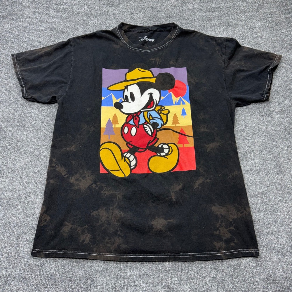 Disney Mickey Mouse Hiking Graphic Tee Black Acid Wash Men Medium Mad Engine
